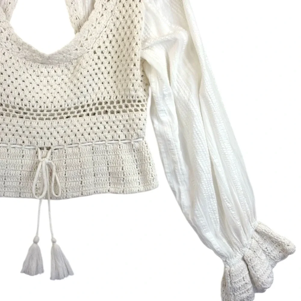 Free People Meghan Crochet Long Sleeve Boho Crop Top XS Cream‎ Ivory Festival